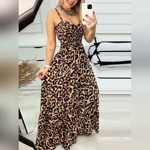 Womens Full Size Spaghetti Strap Leopard Print Maxi Dress Plus Sizes